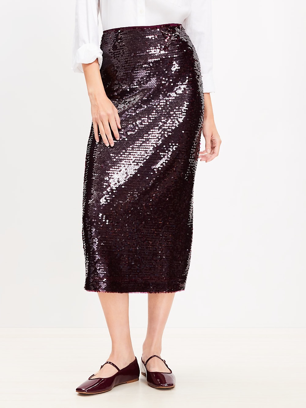 NWT LOFT Bugandy Sequin Midi Skirt